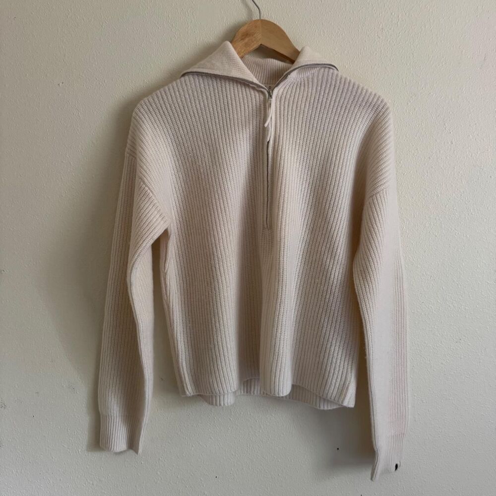 OGD One Grey Day 100% Cashmere Quarter Zip Sweater Medium Ivory Cream Ribbed M